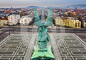 Budapest, Hungary - Aerial panormaic view of the famous Heroes` Square and Andrassy street on a cloudy spring day photo