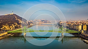 Budapest, Hungary - Aerial skyline view of beautiful Liberty Bridge Szabadsag Hid on a sunny morning