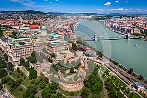 Budapest, Hungary - Aerial skyline view of Buda Castle Royal Palace on a bright summer day with Szechenyi Chain Bridge