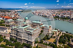 Budapest, Hungary - Aerial skyline view of Buda Castle Royal Palace on a bright summer day with Szechenyi Chain Bridge