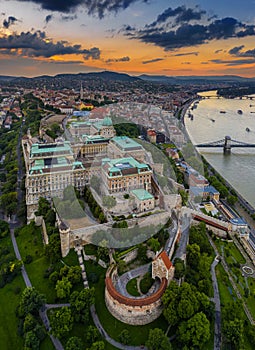Budapest, Hungary - Aerial skyline view of Buda Castle Royal Palace with Matthias Church, Szechenyi Chain Bridge and Buda Hills