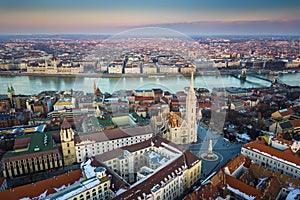 Budapest, Hungary - Aerial skyline view of Buda side of Budapest with the famous Matthias Church