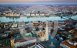 Budapest, Hungary - Aerial skyline view of Buda side of Budapest with the famous Matthias Church