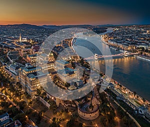 Budapest, Hungary - Aerial skyline view of Budapest at dusk taken with a drone. This view includes Buda Castle Royal Palace