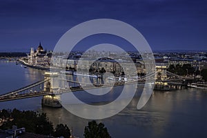 Budapest, Hungary - Aerial skyline view of Budapest with the famous illuminated Szechenyi Chain Bridge and Hungarian Parliament