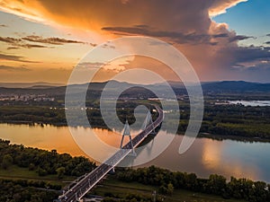 Budapest, Hungary - Aerial skyline view of Budapest with Megyeri Bridge over River Danube at sunset
