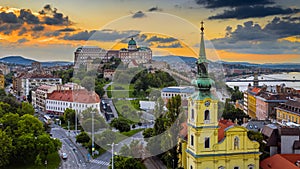 Budapest, Hungary - Aerial skyline view of Budapest with Saint Catherine of Alexandria Church, Buda Castle Royal Palace