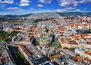 Budapest, Hungary - Aerial skyline view of Budapest with St.Stephen`s Basilica. Szechenyi Chain Bridge, Elisabeth Square