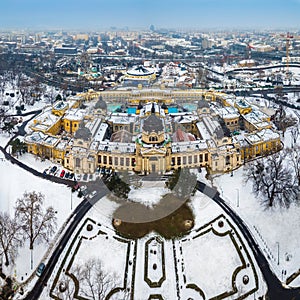 Budapest, Hungary - Aerial skyline view of the famous Szechenyi Thermal Bath in City Park