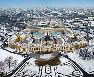 Budapest, Hungary - Aerial skyline view of the famous Szechenyi Thermal Bath in City Park Varosliget