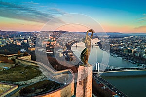 Budapest, Hungary - Aerial skyline view of Statue of Liberty with Buda Castle Royal Palace