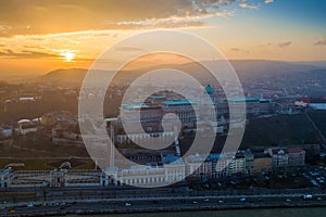 Budapest, Hungary - Aerial sunset view of Buda Castle Royal Palace and Varkert bazar photo