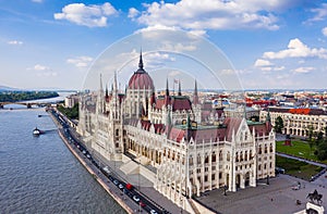 Budapest, Hungary - Aerial view of the beautiful Hungarian Parliament building by River Danube on a bright summer day