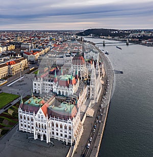 Budapest, Hungary - Aerial view of the beautiful Parliament building of Hungary at sunset with cloudy sky