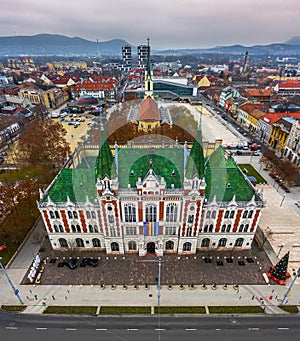 Budapest, Hungary - Aerial view of the City Hall building of Ujpest with Queen of Heaven church and Ujpest Market Square