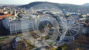 Budapest, Hungary - Aerial view of Deak Square at the center of Budapest, Gellert Hill and Statue of Liberty at background
