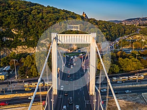 Budapest, Hungary - Aerial view of Elisabeth bridge Erzsebet hid and Gellert Hill at sunrise