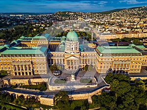 Budapest, Hungary - Aerial view of the famous Buda Castle Royal palace at sunrise with Buda side