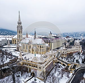 Budapest, Hungary - Aerial view of the famous Fisherman`s Bastion and Matthias Church