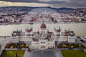 Budapest, Hungary - Aerial view of the Hungarian Parliament building at sunset with Christmas tree