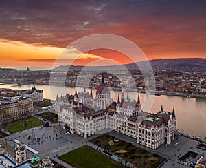 Budapest, Hungary - Aerial view of the Hungarian Parliament building on a winter afternoon with a spectacular colorful sunset