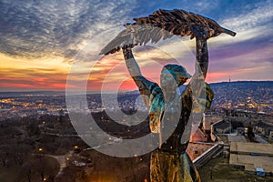 Budapest, Hungary - Aerial view of the Hungarian Statue of Liberty with amazing colorful sunset