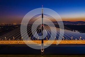 Budapest, Hungary - Aerial view of the illuminated Megyeri Bridge at dusk