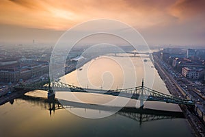 Budapest, Hungary - Aerial view of Liberty Bridge over River Danube