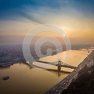Budapest, Hungary - Aerial view of Liberty Bridge Szabadsag Hid over River Danube at sunrise
