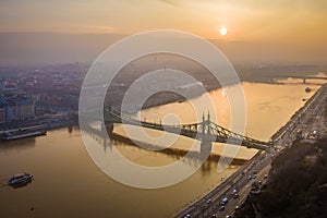 Budapest, Hungary - Aerial view of Liberty Bridge Szabadsag Hid over River Danube at sunrise