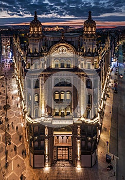 Budapest, Hungary - Aerial view of one of the oldest and nicely decorated illuminated building at downtown Budapest