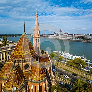 Budapest, Hungary - Aerial view of Reformed Church at Szilagyi Dezso Square with the Hungarian Parliament