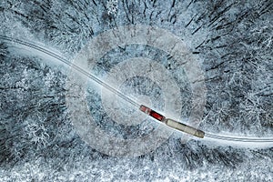 Budapest, Hungary - Aerial view of snowy forest with red train on a track at winter time