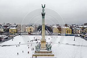 Budapest, Hungary - Aerial view of snowy Heroes` Square Hosok tere with Andrassy and Dozsa Gyorgy street