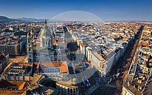 Budapest, Hungary - Aerial view of St.Stephen`s basilica with Andrassy street and Bajcsyâ€“Zsilinszky street