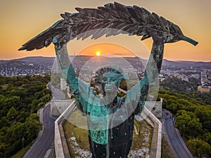 Budapest, Hungary - Aerial view of the Statue of Liberty at sunset