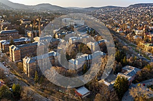 Budapest, Hungary - Aerial view of the Szent Janos hospital Szent Janos korhaz and Kutvolgyi hospital Kutvolgyi korhaz