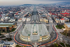 Budapest, Hungary - Aerial view of the totally empty Heroes` Square, Andrassy street and Dozsa Gyorgy street on a morning photo