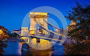 Budapest Hungary. Ancient Chain bridge on Danube river