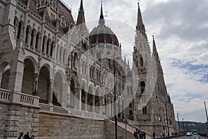 Budapest, Hungary - April 29, 2023 - the majestic facade of the Hungarian Parliament building, built in the neo-Gothic style.
