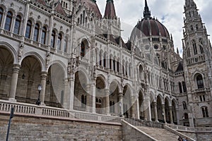 Budapest, Hungary - April 29, 2023 - the majestic facade of the Hungarian Parliament building, built in the neo-Gothic style.