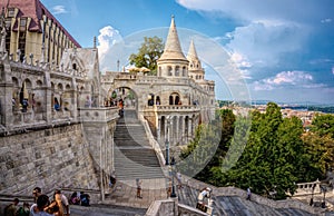 Monument to King Matthias against the background of the towers of the Fisherman`s Bastion in Budapest