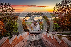 Budapest, Hungary - Autumn in Budapest. The Castle Hill Funicular BudavÃ¡ri Siklo with the Szechenyi Chain Bridge