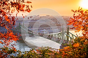 Budapest, Hungary - Autumn scene of beautiful Liberty Bridge Szabadsag Hid at sunrise photo