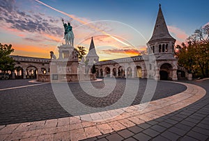 Budapest, Hungary - Autumn sunrise at the Fisherman`s Bastion with King Stephen I statue