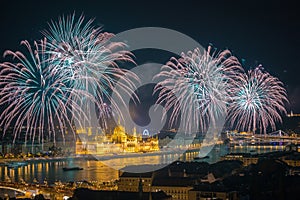 Budapest, Hungary - The beautiful 20th of August fireworks over the river Danube on St. Stephens day or foundation day of Hungary