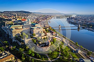 Budapest, Hungary - Beautiful aerial skyline view of Buda Castle Royal Palace and South Rondella at sunset photo