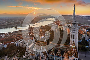 Budapest, Hungary - Beautiful aerial sunrise with Matthias Church, Fisherman`s Bastion, Szechenyi Chain Bridge and Buda Castle