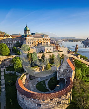 Budapest, Hungary - Beautiful Buda Castle Royal Palace and South Rondella with Szechenyi Chain Bridge