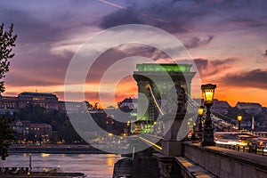 Budapest, Hungary - Beautiful dramatic golden sunset at Szechenyi Chain Bridge